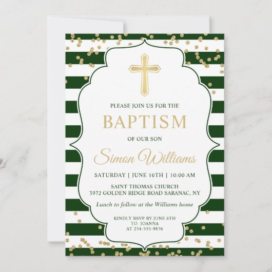 Gold Glitter Green Stripes Boy Baptism Uitnodiging (Voorkant)
