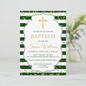 Gold Glitter Green Stripes Boy Baptism Uitnodiging (Staand voorkant)