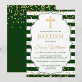 Gold Glitter Green Stripes Boy Baptism Uitnodiging (Voorkant / Achterkant)