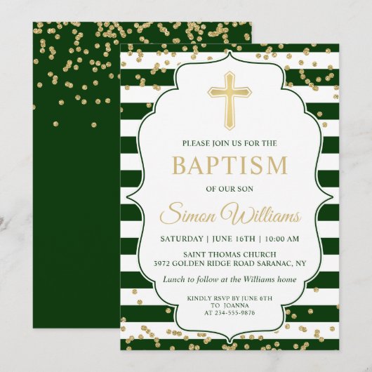 Gold Glitter Green Stripes Boy Baptism Uitnodiging (Voorkant / Achterkant)