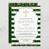 Gold Glitter Green Stripes Boy Baptism Uitnodiging