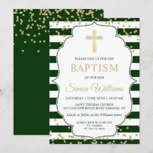 Gold Glitter Green Stripes Boy Baptism Uitnodiging