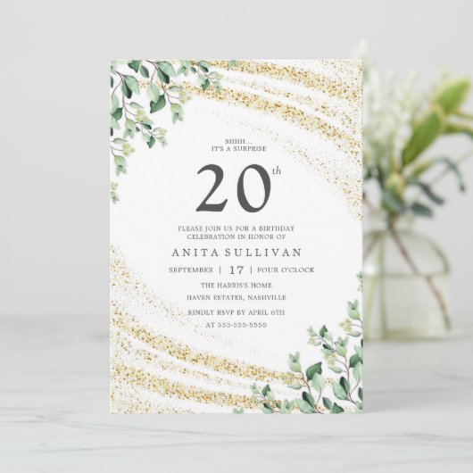 Gold Glitter Greenery 20e verjaardag Kaart (Staand voorkant)