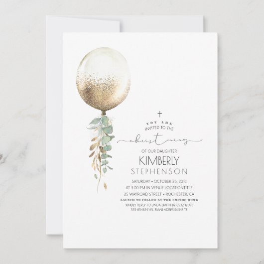 Gold Glitter Greenery Balloon Elegant Christening Kaart (Voorkant)