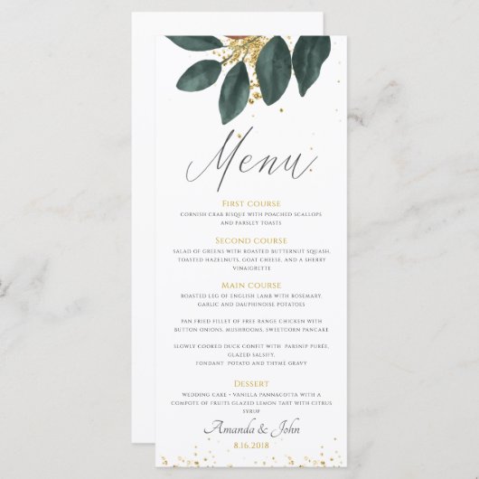 Gold Glitter Greenery Leaf Wedding Menu (Voorkant / Achterkant)
