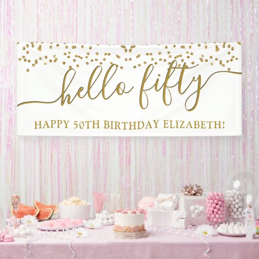 Gold Glitter Hallo 50 50ste verjaardag Banne Spandoek (Feest)