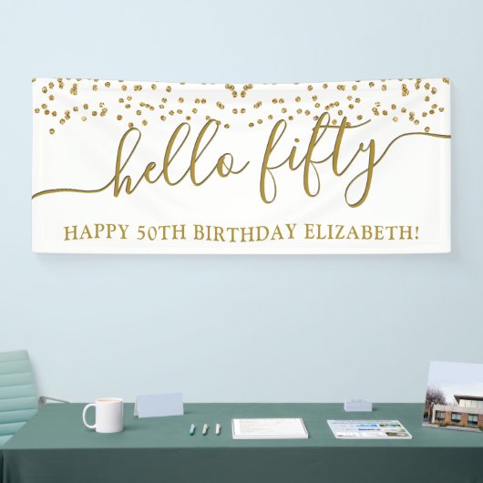 Gold Glitter Hallo 50 50ste verjaardag Banne Spandoek (Beurs)