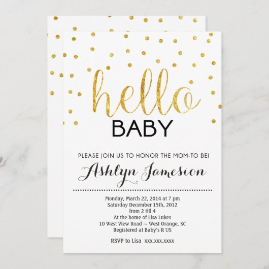 Gold Glitter Hallo Baby shower Invitation Kaart (Voorkant / Achterkant)