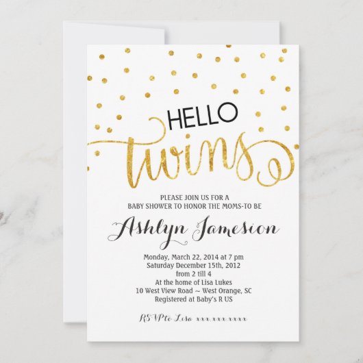 Gold Glitter Hallo Twins Baby shower Invitation Kaart (Voorkant)