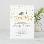 Gold Glitter Hallo Twins Baby shower Invitation Kaart (Staand voorkant)