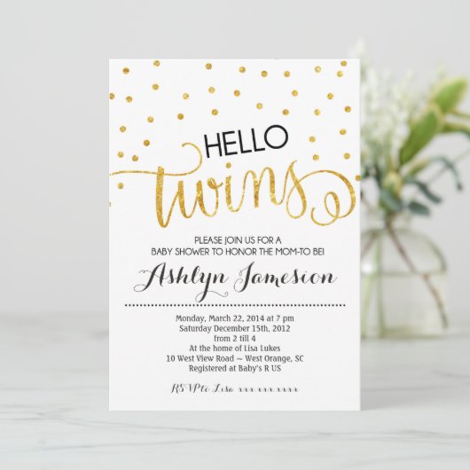 Gold Glitter Hallo Twins Baby shower Invitation Kaart (Staand voorkant)