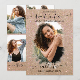Gold Glitter Halo Photo Collage Sweet 16 Kaart