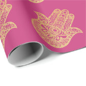 Gold Glitter Hamsa Lucky Hand Fuchsia roze Cadeaupapier (Rol Hoek)