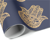 Gold Glitter Hamsa Lucky Hand Mystical navy blue Cadeaupapier (Rol Hoek)