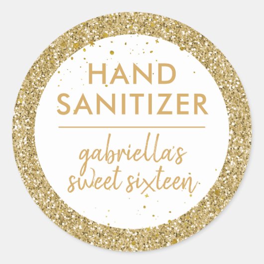 Gold Glitter Hand Sanitizer Favor Label Birthday (Voorkant)