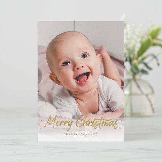 Gold Glitter Handwritter Photo Merry Kerstry Kaart (Staand voorkant)