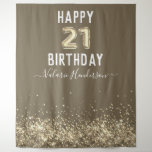 Gold Glitter Happy 21st Birthday Tapestry Wandkleed<br><div class="desc">Meisjes gouden glitter,  donkerbruine achtergrond,  met fancy scriptnaam typografie. Faux gold 21 ballontekst. Geweldig voor 21ste feestelijkheden.</div>