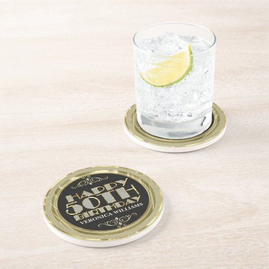 Gold Glitter Happy 50th Birthday Zandsteen Onderzetter (Zijkant)