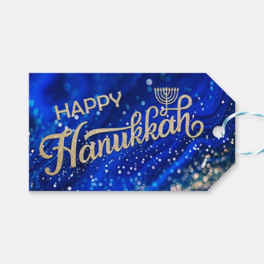 Gold Glitter Happy Hanukkah Gift Label Cadeaulabel (Voorkant (Horizontaal))