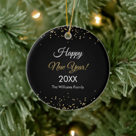 Gold Glitter Happy New Year Black Keramisch Ornament