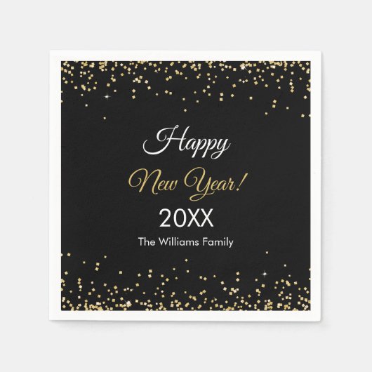 Gold Glitter Happy New Year Black Party Servet (Voorkant)
