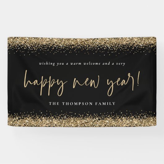 Gold Glitter Happy Nieuwjaarsnaam zwart Spandoek (Horizontaal)