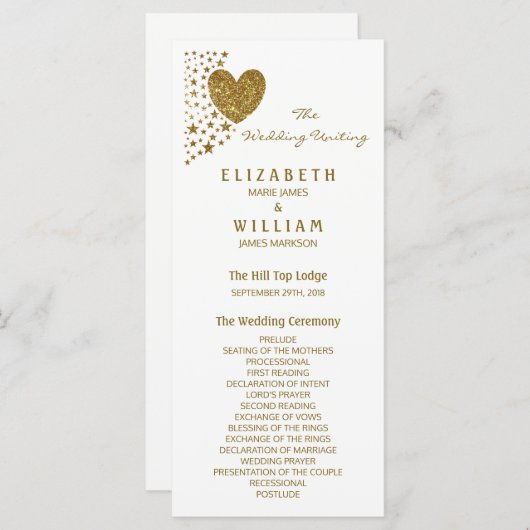 Gold Glitter Hart en Sterren Trouwprogramma Programmakaart (Voorkant / Achterkant)