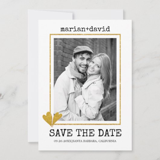 Gold glitter hartigt de schrijfmachine brutfoto save the date (Voorkant)