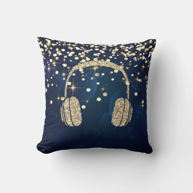 Gold Glitter Headphone, Stars Stippen Navy Blue Kussen (Voorkant)