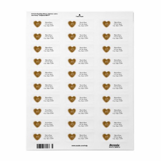 Gold Glitter Heart 15 Quinceincera Adresetiketten Etiket (Full Sheet)