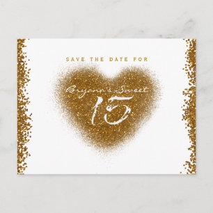 Gold Glitter Heart 15 Quinceincera Bewaar de datum Aankondigingskaart