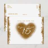 Gold Glitter Heart 15 Quinceincera Bewaar de datum Aankondigingskaart (Voorkant / Achterkant)