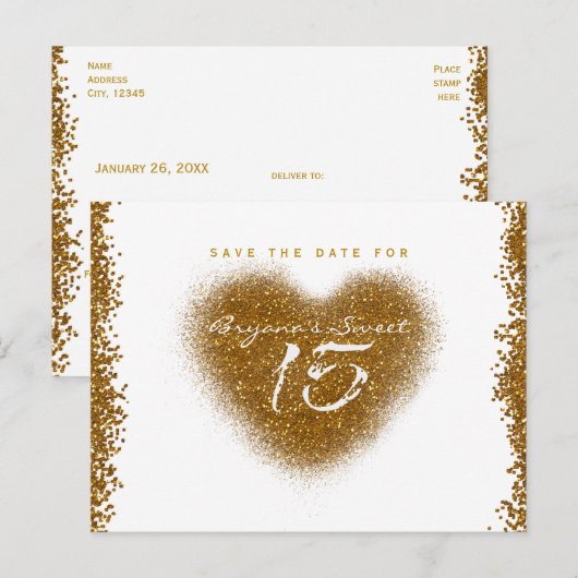 Gold Glitter Heart 15 Quinceincera Bewaar de datum Aankondigingskaart (Voorkant / Achterkant)