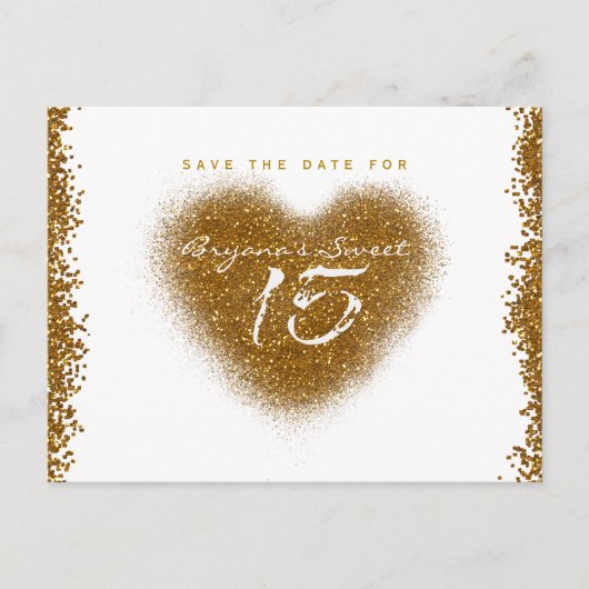 Gold Glitter Heart 15 Quinceincera Bewaar de datum Aankondigingskaart (Voorkant)