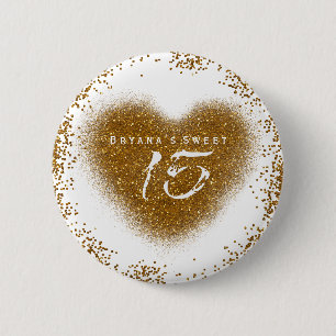 Gold Glitter Heart 15 Quinceincera Birthday Pin Ronde Button 5,7 Cm