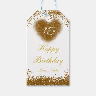 Gold Glitter Heart 15 Quinceincera Gift Label Cadeaulabel