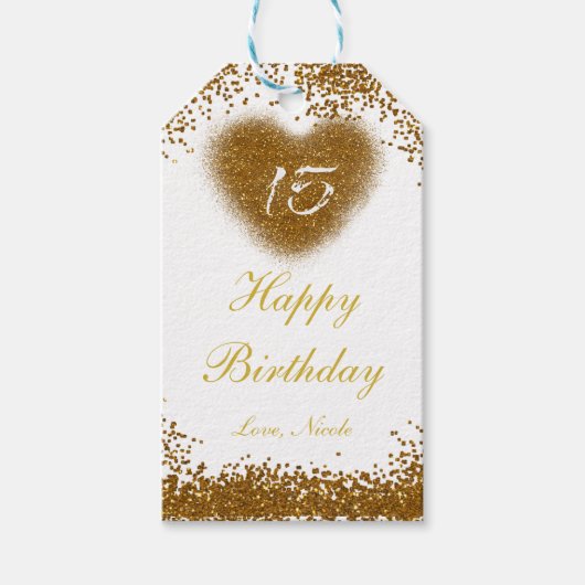 Gold Glitter Heart 15 Quinceincera Gift Label Cadeaulabel (Voorkant)