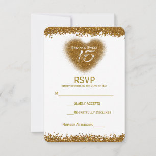 Gold Glitter Heart 15 Quinceincera RSVP-kaart RSVP Kaartje