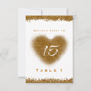 Gold Glitter Heart 15 Quinceincera Table Number Kaart