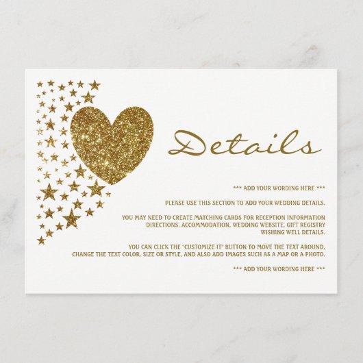 Gold Glitter Heart en Stars Wedding Detail Informatiekaartje (Voorkant)