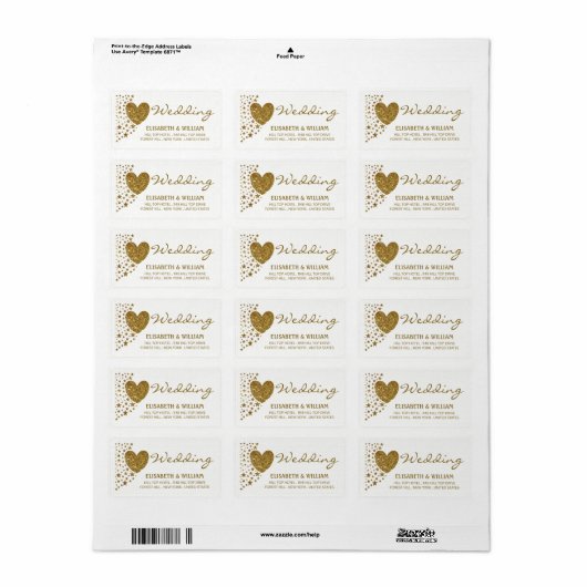 Gold Glitter Heart en Stars Wedding Etiket (Full Sheet)