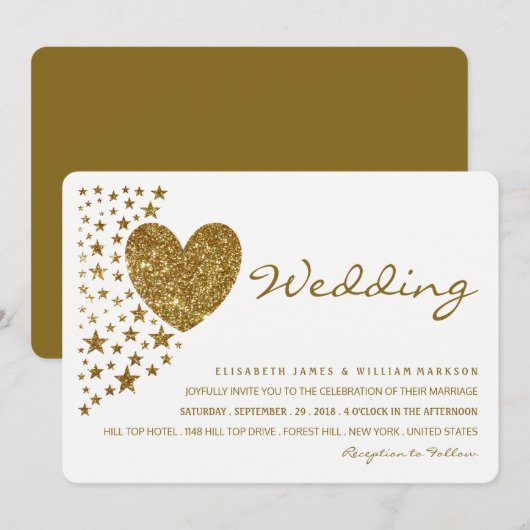 Gold Glitter Heart en Stars Wedding Kaart (Voorkant / Achterkant)