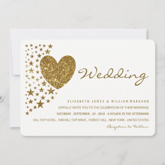 Gold Glitter Heart en Stars Wedding Kaart (Voorkant)
