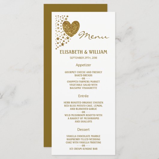 Gold Glitter Heart en Stars Wedding Menu (Voorkant / Achterkant)