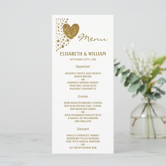 Gold Glitter Heart en Stars Wedding Menu (Staand voorkant)