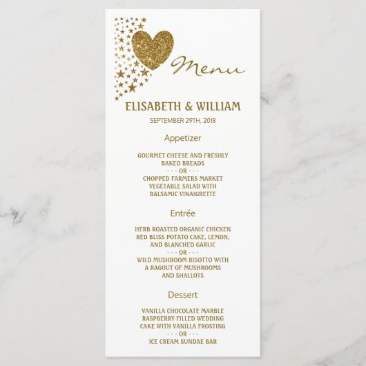 Gold Glitter Heart en Stars Wedding Menu (Voorkant)