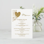 Gold Glitter Heart en Stars Wedding Menu (Staand voorkant)