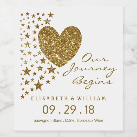 Gold Glitter Heart en Stars Wedding Wijn Etiket (Enkel label)