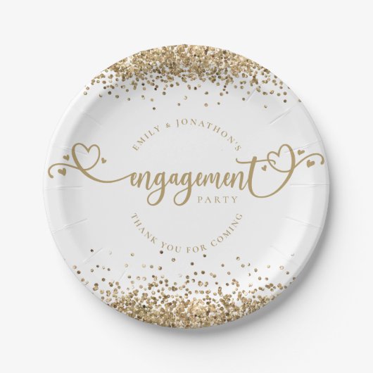 Gold Glitter Heart Script Names Verloving White Papieren Bordje (Voorkant)