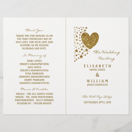 Gold Glitter Heart & Stars Wedding Bi-voudig Progr (Voorkant)